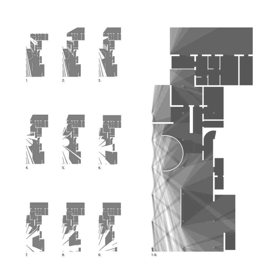 49 Using Isovist to map opacities Villa Tugendhat first floor example of nine superimposed isovist